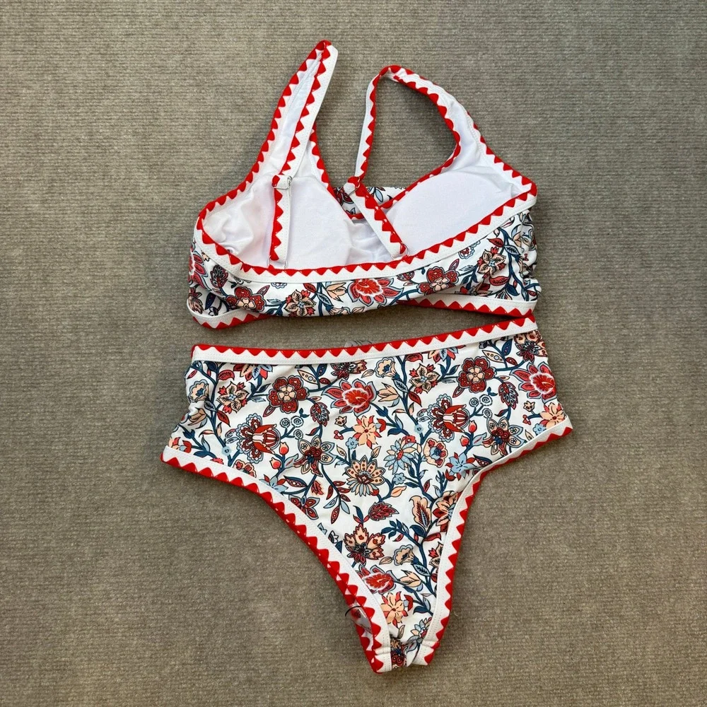 Women's M Floral Print Two Piece Sexy Bikini Set High Waist Round Neck Swimwear